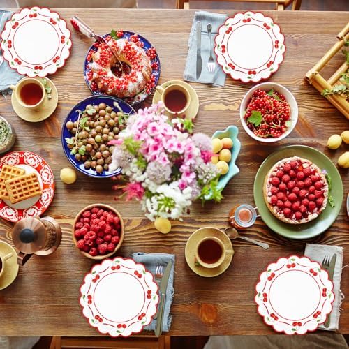 JarThenaAMCS 50 Pcs Cherry Paper Plates Scalloped Disposable Plate Red Decorative Tableware for Holiday Party Decor Supplies, 9 In