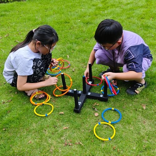 Ring Toss Game Indoor & Outdoor Game for Family and Adults with 5 Poles, 2 Bases and 16 Rings in 4 Colors, Soft Foam Toy Backyard Ring Toss Fun