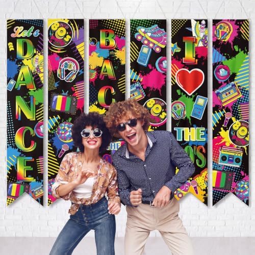 Hahafelt 6 Pcs 80s Party Decoration Banners 61 Inch Back to the 80's Bulletin Board Banner Retro Groovy Nostalgic Disco Porch Door Hanging Decor for Wall Classroom Office 1980s Birthday Party Supplies