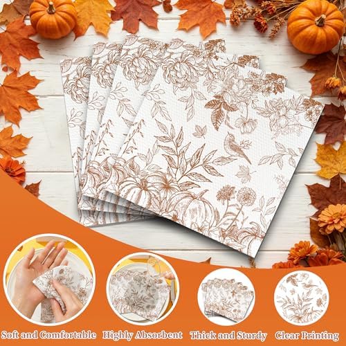 50 Pcs Autumn Floral Disposable Napkins, Elegant Gold Flower Bird Fruit & Japanese Branch Leaf Design Paper Napkins, Absorbent Table Napkins for Home Gathering, Thanksgiving & Fall Celebration