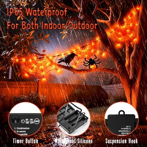 Halloween Decorations Spider Web Lights 6FT 60LED Battery Operated/USB Powered with Black Spider with Timer 8 Modes Indoor Outdoor for Halloween Decor, Orange