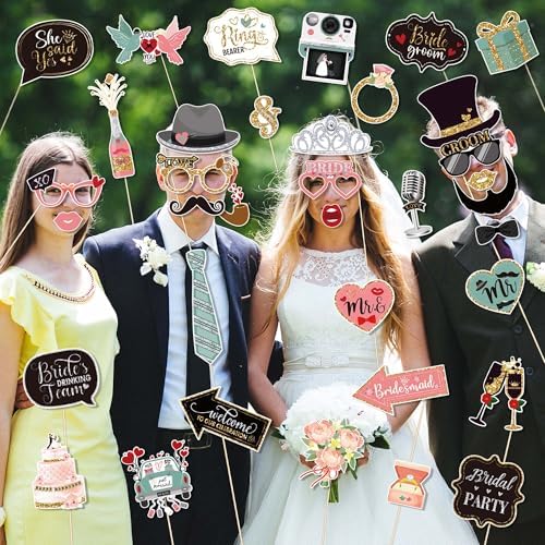 36 Pcs Wedding Photo Booth Props for Wedding Party Decoration Supplies, Weddings Theme Selfie Props Photography Backdrop Decorations for Weddings Party Favors