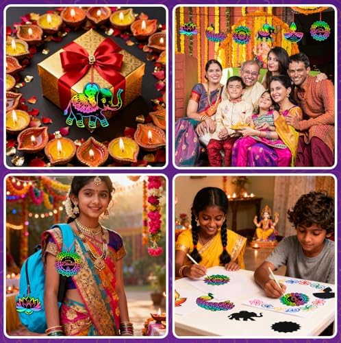 JULMELON 36 Pcs Diwali Crafts for Kids Rainbow Scratch Art Party Favors