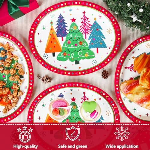 Lonfliness 50Pcs Colorful Christmas Tree Plates Disposable Paper Christmas Tree Party Decorations Supplies 11 Inch Oval Plate Platter Dish Tray, Xmas Holiday Tableware Dinnerware