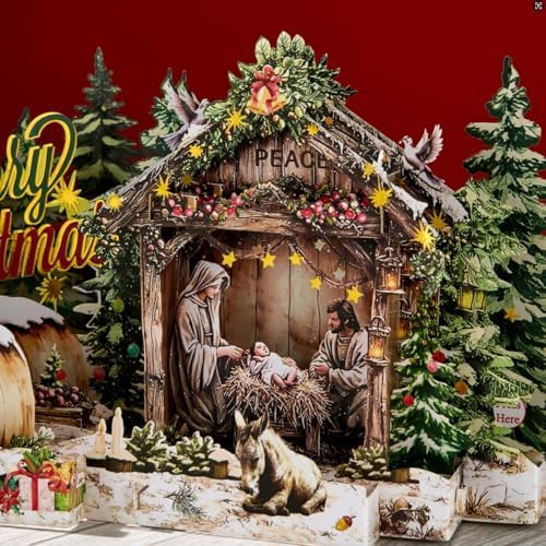 Musical 3D Pop-Up Christmas Card with LED Lights – Plays “Joy to The World”, Holy Night Scene with Baby Jesus, Mary and Joseph, LED Holiday Greeting Card with Envelope & Note Card