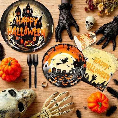 75 Pieces Halloween Paper Plates and Napkins Set - Halloween Party Supplies Tableware Plates, Napkins Baby Shower Scary Moon Night Birthday Decorations Serve 25 (Orange)