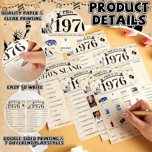70Pcs 50th Birthday Party Games Born In 1976 Fun 1976 Trivia Music Slang Books Game Double-Sided Game Cards Vintage 50th Birthday Party Supplies for 50 Year Old Activity Anniversary Class Reunion