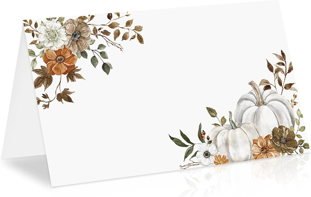 Whaline 50Pcs Fall Place Cards 2 x 3.5 Inch Watercolor Pumpkin Floral Tent Name Cards Autumn Blank Seat Assignment Labels for Thanksgiving Wedding Birthday Party Table Setting Supplies