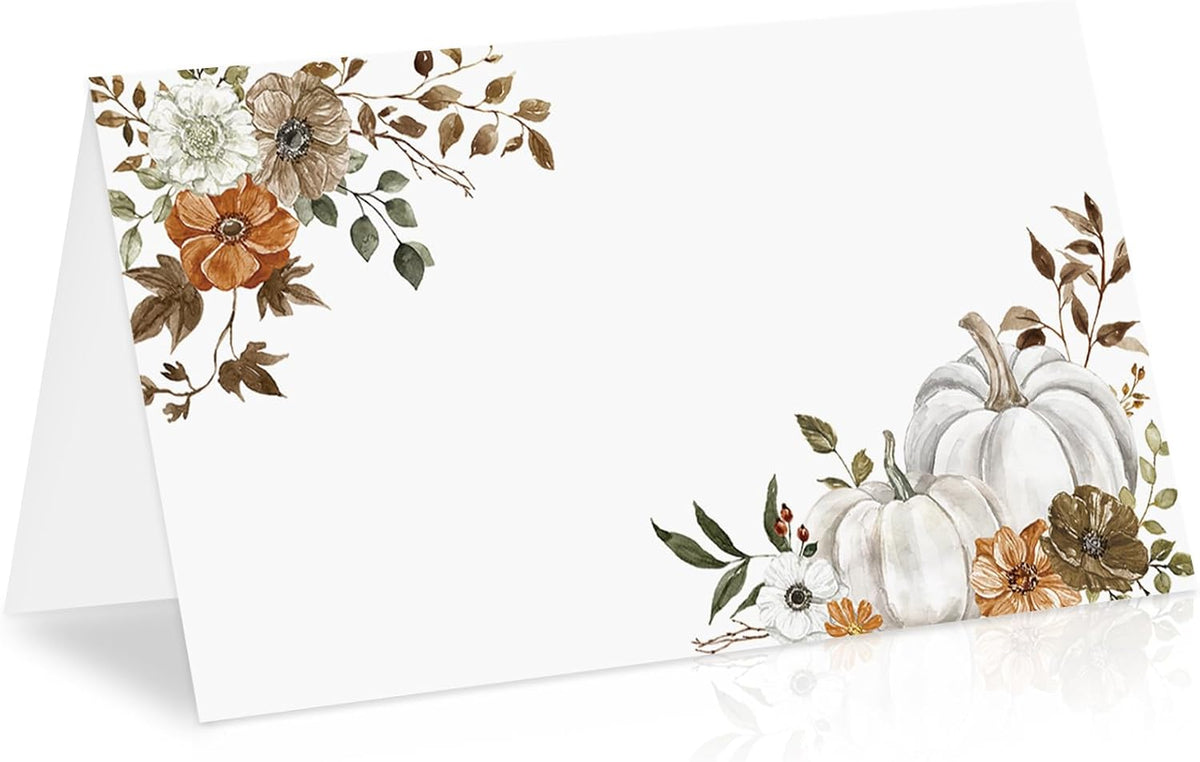 Whaline 50Pcs Fall Place Cards 2 x 3.5 Inch Watercolor Pumpkin Floral Tent Name Cards Autumn Blank Seat Assignment Labels for Thanksgiving Wedding Birthday Party Table Setting Supplies