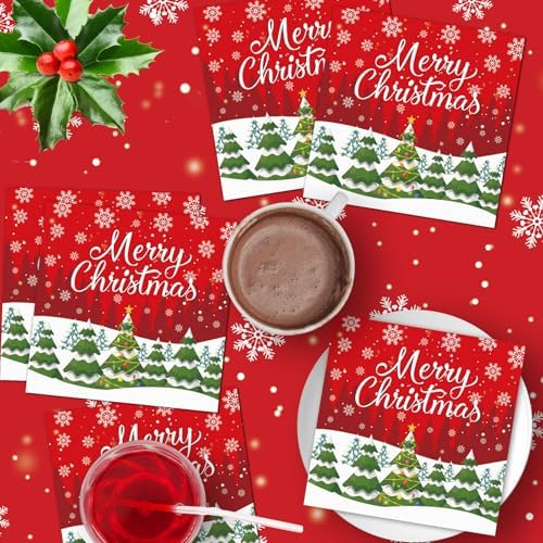 40 Pcs Merry Christmas Napkins - 13 Inch Christmas Cocktail Napkins Bulk, 3-Ply Red Disposable Xmas Tree Snowflakes Paper Hand Towels Tableware Set for Xmas Party Table Decorations Supplies Favors