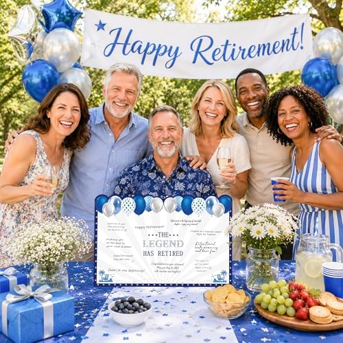 WNINK Blue Silver Retirement Card for Men Women, Jumbo Happy Retirement Guest Book Card with Envelope, Large Farewell Signing Card, The Legend Has Retired Party Decorations Gift