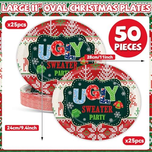 50PCS Christmas Ugly Sweaters Oval Paper Plates Merry Christmas Plates Tableware Decor Large 11inch Disposable Xmas Oval Paper Platter Decor for Xmas Holiday Party Winter Home Dinner Supplies