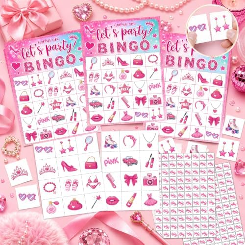 Pink Glitter Bingo Cards, 24 Player Party Game for Teens and Adults