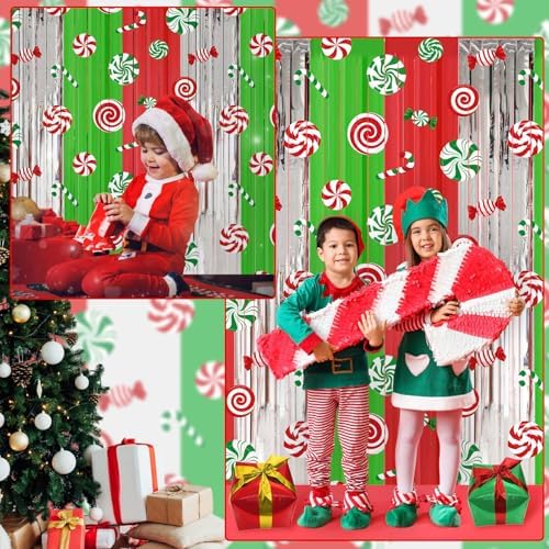 Blosssound 2 Packs Christmas Candy Foil Fringe Curtains 3.3x6.6ft Xmas