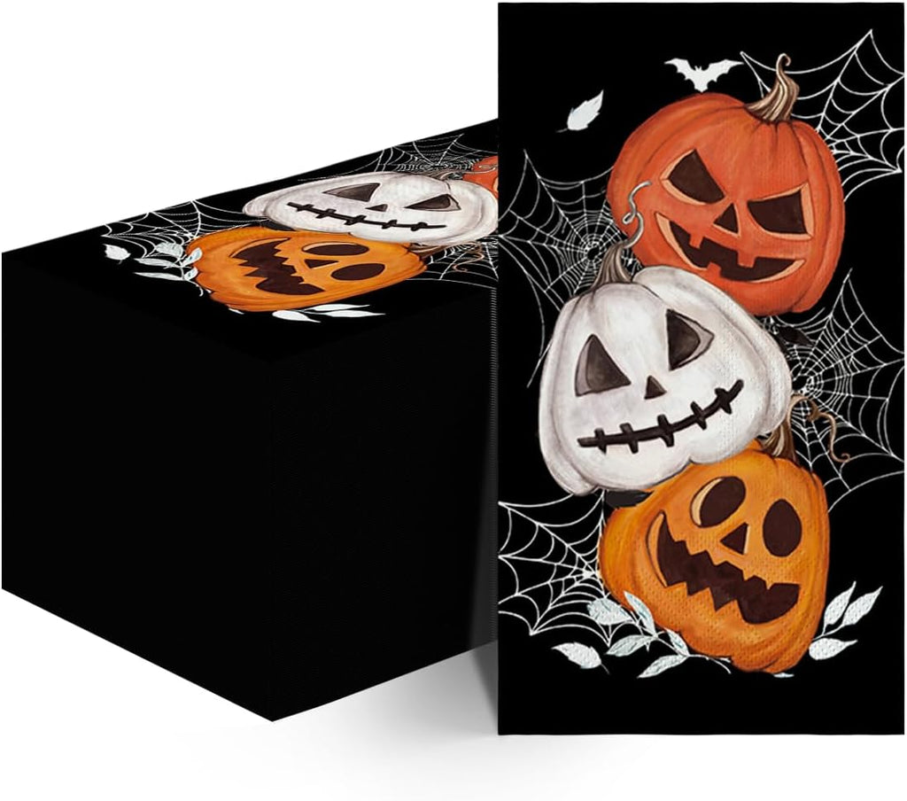 Horaldaily 100Pcs Halloween Paper Napkins, Orange Jack-O-Lantern Pumpkin Cobweb