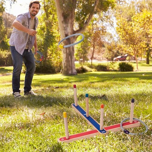 WILLOWDALE Wood Ring Toss Game for Kids, Outdoor Yard Games with 5 Rings
