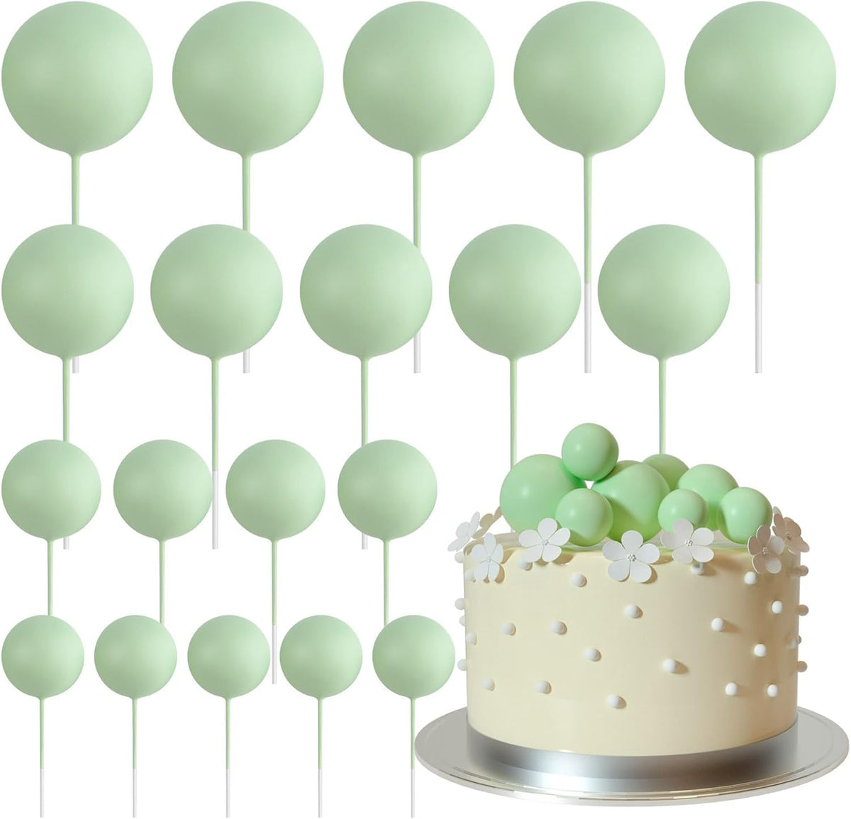 ASTARON 20 Pcs Light Green Balls Cake Topper Decorations for Birthday Cake
