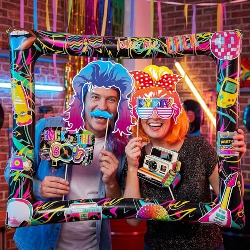 80s Inflatable Photo Frame & Props, 30Pcs Back to The 80s Photo Booth Props with Inflatable Selfie Picture Frame for 1980s Throwback Birthday Party Supplies