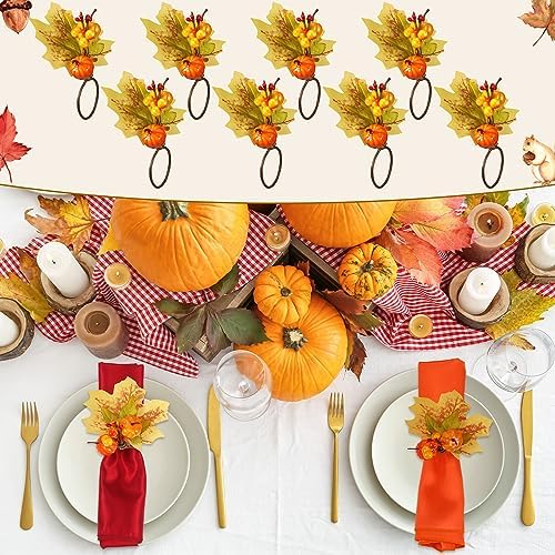 8 Sets Fall Thanksgiving Napkin Rings and Cloth Napkins, Harvest