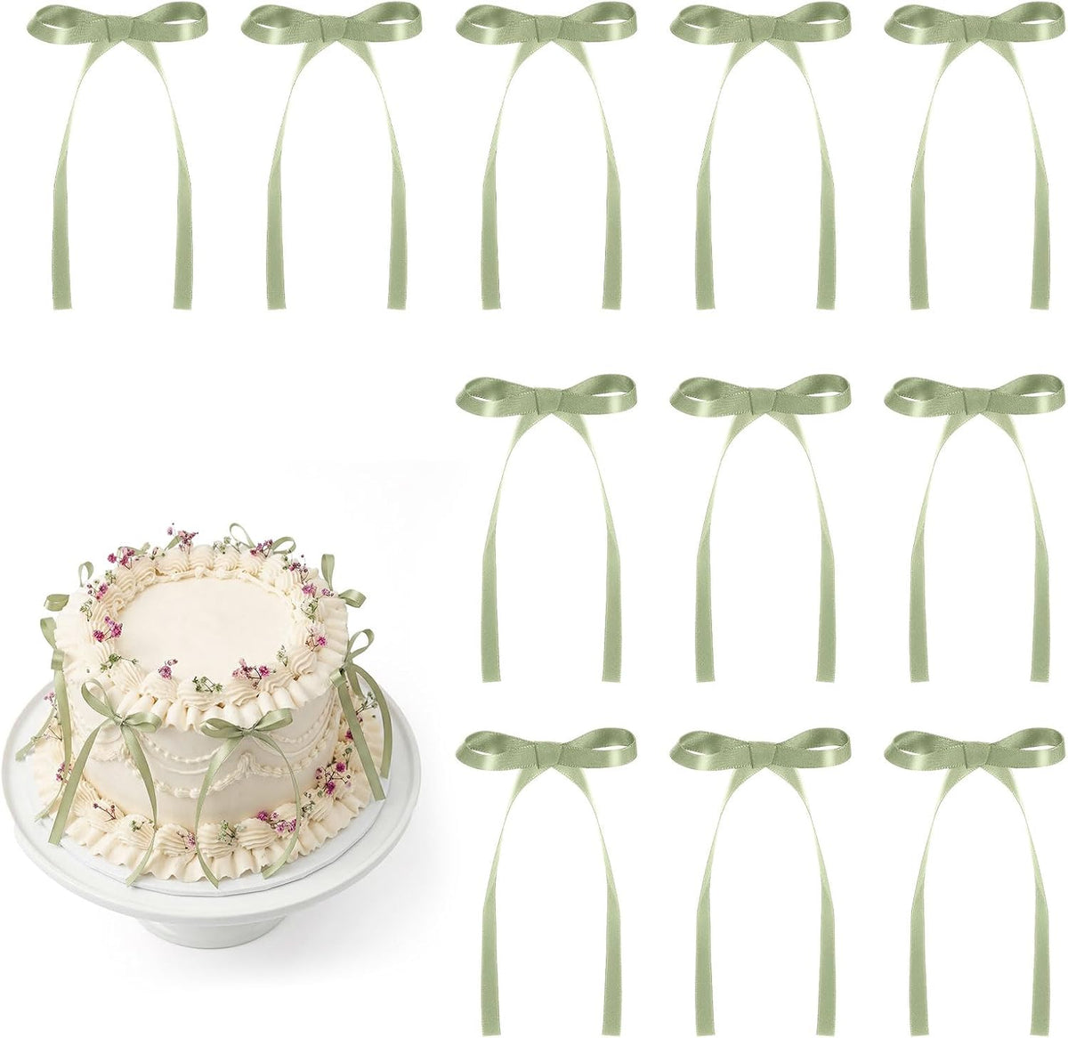 30 Pack Sage Green Bow Cake Toppers Ribbon Bows for Cake