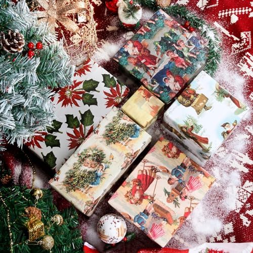 Vnaaem Vintage Christmas Wrapping Paper for Women Girls Boys Men - Retro Xmas Wrapping Paper for Winter Christmas Birthday Holiday - 20 X 28 Inches (6 Folded Sheet)