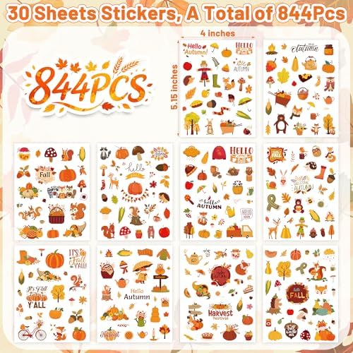 844Pcs Fall Stickers, Self-Adhesive Die-Cut Autumn Pumpkin Stickers Crafts