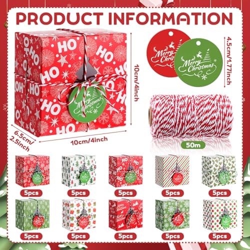 Glenmal 50 Set Christmas Bakery Cookie Boxes Cupcake Containers with Christmas Tree Window Xmas Day Cupcake Candy Goody Treat Gift Boxes with Cotton Rope Label for Xmas Party Favors Supplies