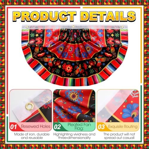 Outus 3 Pcs Mexican Fiesta Party Decoration 1.5 x 3 ft Mexican Pleated Bunting Fan Flag Cinco De Mayo Folk Art Half Fan Flag Hanging Banners for Carnivals Taco Birthday Party Favors