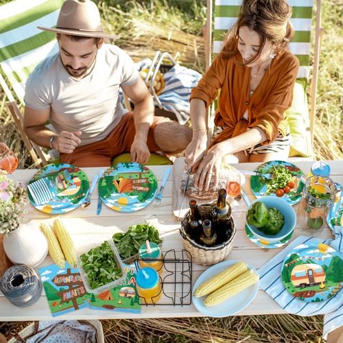 Happy Camper Birthday & Camping Party Decorations Set - Serves 25 with Disposable Plates, Cups, Napkins, Tablecloth & Banner, 1st Birthday, Camping Themed Events & Wedding Parties