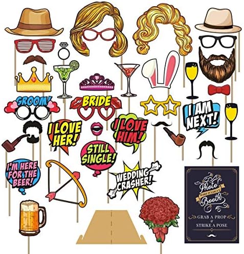 Wedding Photo Booth Props Kit - 38 Pieces with Wooden Sticks - Engagement, Birthday Party, Wedding Shower, Bridal Shower Photo Booth Props - Carpediem Party Prop Essential Vol.1