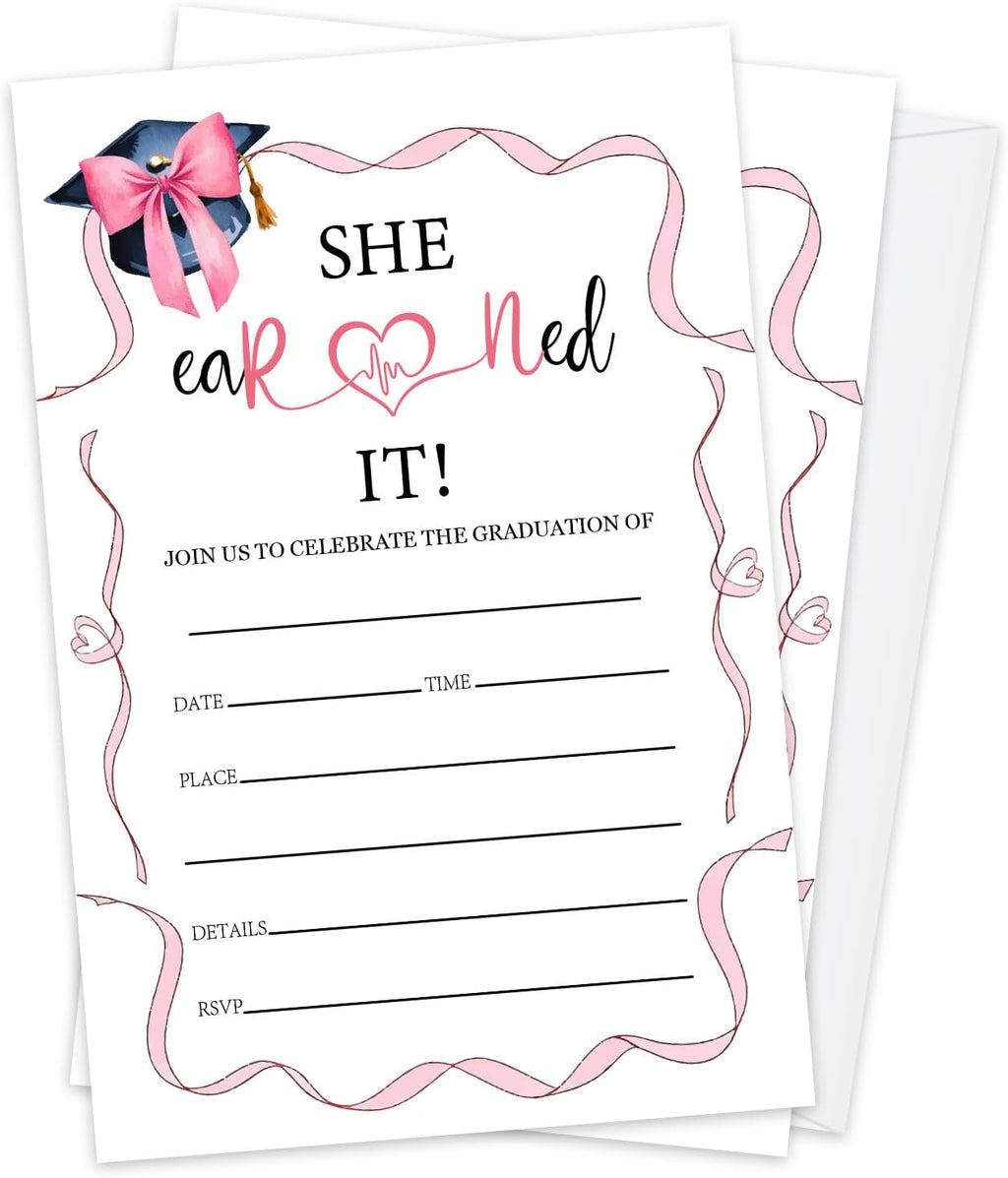 Graduation Invitations 2026 with Envelopes - 20 Pack Class of 2026 Pink bow Graduation Party Invitations, 4x6 Inch Fill-in Graduation Announcements for High School or College - A13
