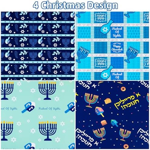 Hanukkah Wrapping Paper (4 Rolls, 148 sq. ft. ttl) Menorahs, Dreidels, Stripe and Star of David Design for Holiday Gift Wrap - Traditional Hanukkah Elements Collection - 30 Inches x 14.8 Feet Per Roll