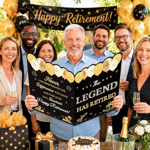 WNINK Black Gold Retirement Card for Men Women, Jumbo Happy Retirement Guest Book Card with Envelope, Large Farewell Signing Card, The Legend Has Retired Party Decorations Gift