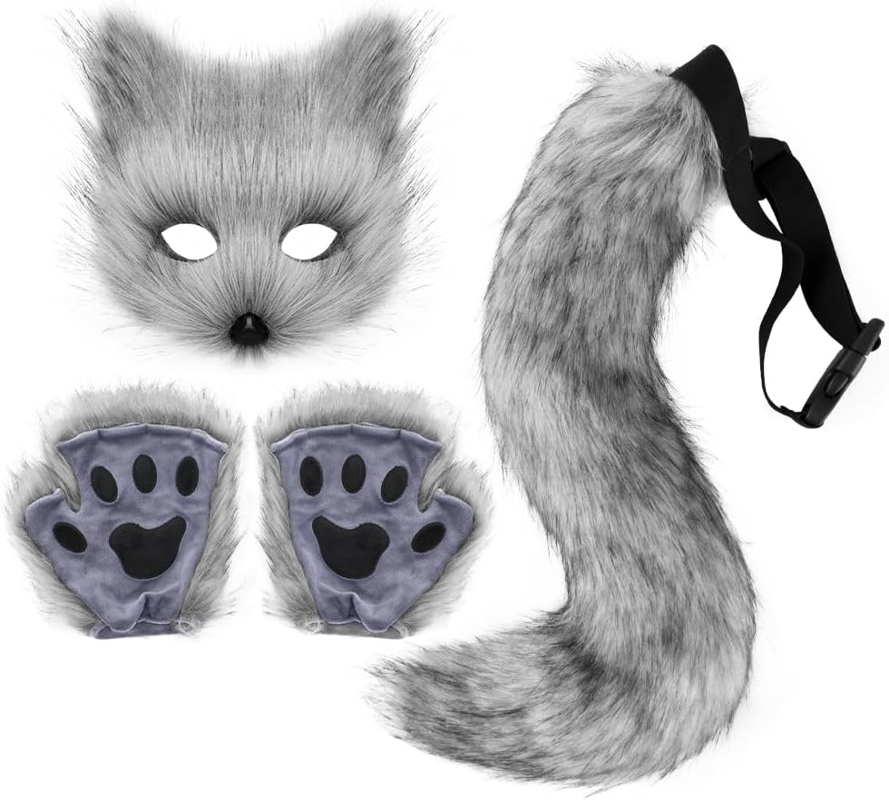 JUNBOON Faux Fur Cat Ears and Wolf Fox Tail Set Adult Kids Claw Glove Kit for Halloween Anime Cosplay Party