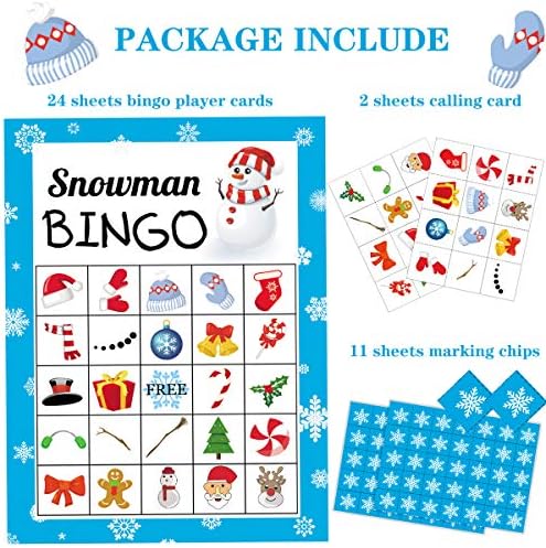 Christmas Games for Kids Adults, Xmas Snowman Bingo Cards Game 24 Players