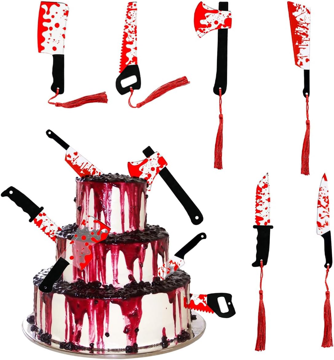 Halloween Bloodstain Knife Cake Toppers Horror Cupcake Toppers, Spooky Themed Cake Decorations, for Party Decor, 6 Pcs