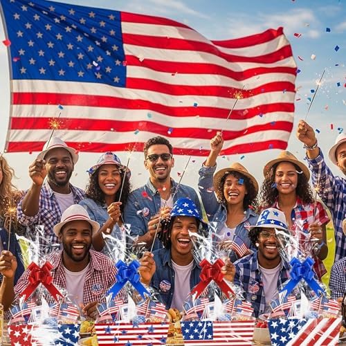 Cinrobiye 12 Pcs Patriotic Gift Baskets Bulk Empty 4th of July American Flag USA Gift Basket Kit with Pull Bows for Independence Day, Memorial Day, Veterans Day, Birthday Party Favors
