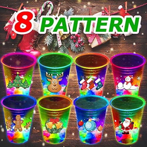 mishunyus 24 Pcs Christmas Party Cups, Glow Christmas Theme Cups, for Holiday Party Supplies, for Nighttime Fun, BBQ, Holiday Decor, with 8 pattern