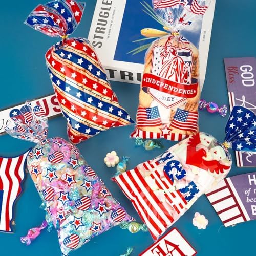 100 Pcs 4th of July Cellophane Treat Bags - 5" x 11" Patriotic Candy Bags with 110 Gold Twist Ties, Independence Day Goodie Bag for Cookies, Snacks, Party Favors & Gift Packaging (Red White and Blue)