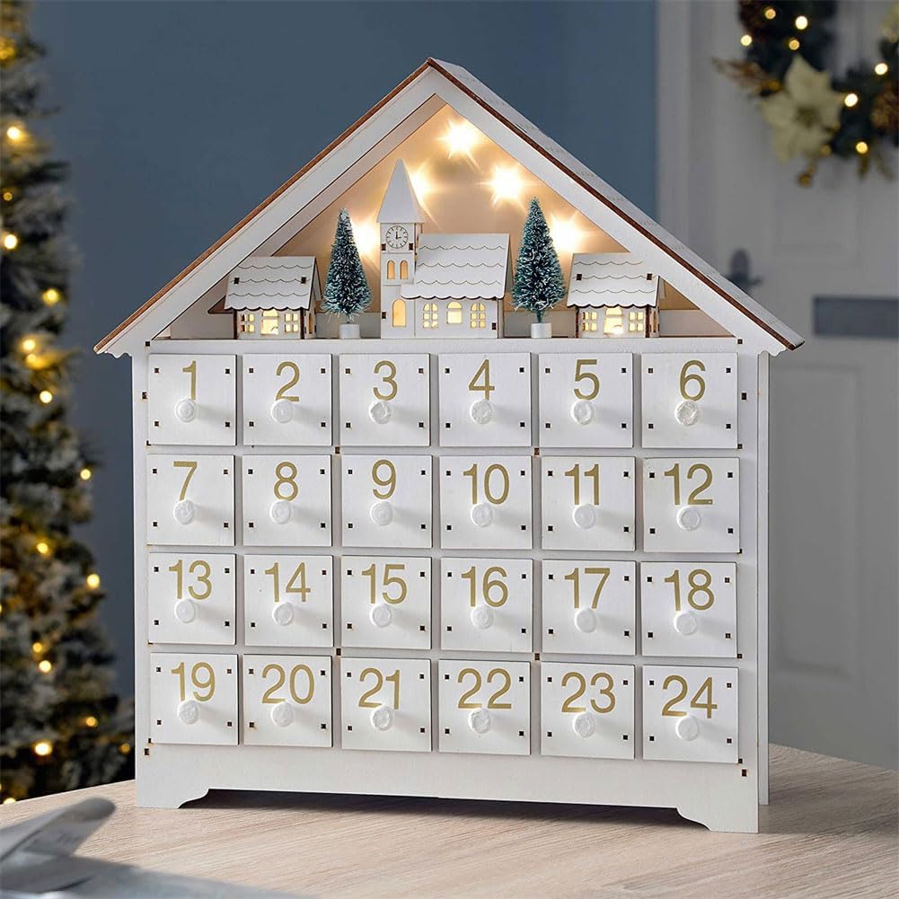 LYFJMUS Wooden Christmas Advent Calendar 2025 with 24 Storage Drawers Reusable Advent Calendar with LED Lights Countdown to Christmas Decoration for Kids