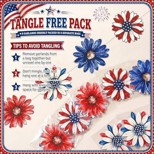 Xinnun 8 Pack Patriotic Flower Garland Decorations Memorial Day Banners