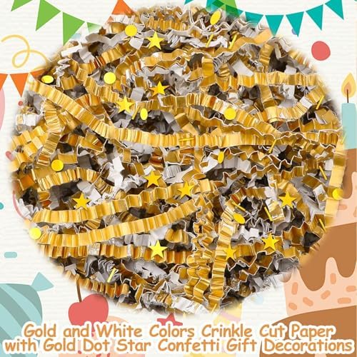 Jansun Metallic Gold White Crinkle Cut Paper, 115g/4oz Shred Filler with Gold Dots Stars Confetti for Christmas Halloween Wedding Gift Wrapping Craft DIY Basket Filling Holiday Party Decorations