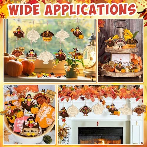 36PCS Wooden Thanksgiving Decoration Turkey Ornaments to Paint Thanksgiving Ornaments for Tree Crafts Cutouts Unfinished, DIY Blank Fall Unfinished Turkey Pumpkin Ornament for Home Harvest Hanging