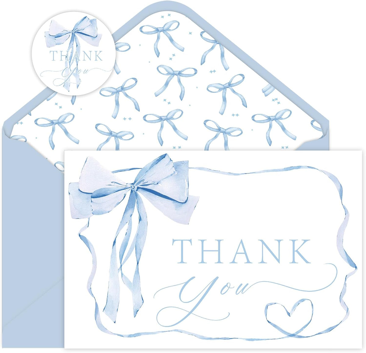 48 Pack Blue Bow Thank You Cards, Bowknot Bridal Shower Greeting Card with Envelopes and Stickers for Birthday Summer Wedding Baby Shower Party Supplies