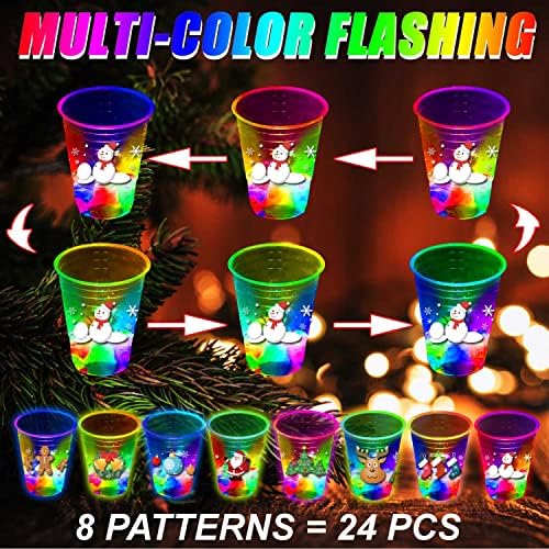 mishunyus 24 Pcs Christmas Party Cups, Glow Christmas Theme Cups, for Holiday Party Supplies, for Nighttime Fun, BBQ, Holiday Decor, with 8 pattern
