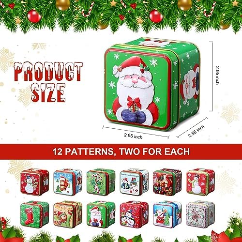 Lallisa 24 Pcs Christmas Cookie Tins with Lids 12 Styles Square Xmas Candy Tin Set Small Metal Candy Box Mini Tinplate Cookie Candy Boxes for Gift Giving Holiday Party Favors, 2.95 x 2.95 x 2.56 Inch