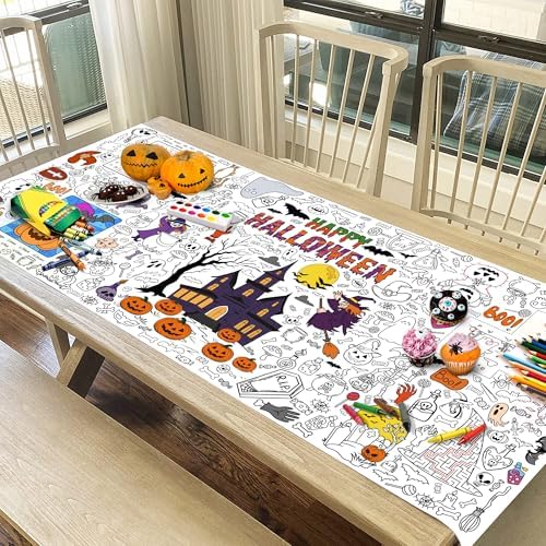 Giant Halloween Coloring Tablecloth for Kids, Large 30x72 Inch Poster with Haunted House, Pumpkins, Ghosts, Bats, Arts Crafts Games Indoor Activities for Halloween Party, Classroom Fun