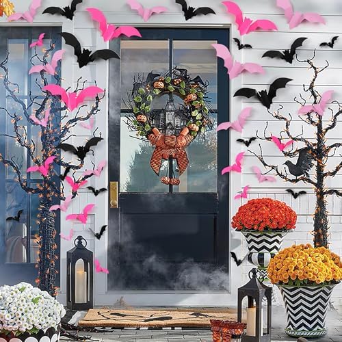 72 Pcs Bats Pink Halloween Decoration, 3D Bat Wall Decor Stickers