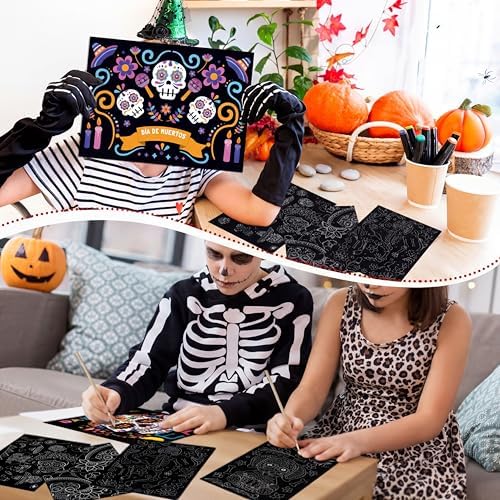 Marspark 24 Pcs Day of the Dead Scratch Paper Halloween Art Crafts Bulk