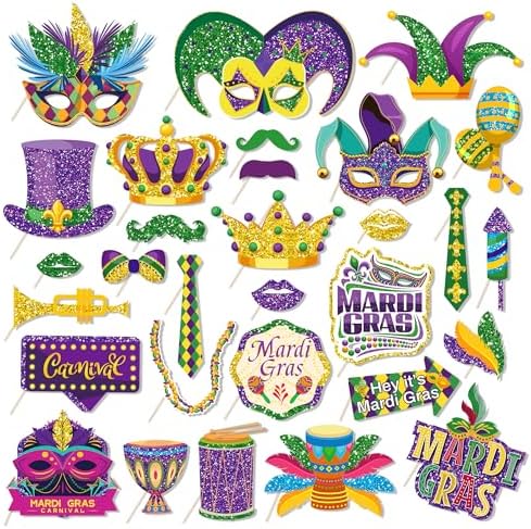 30Pcs Mardi Gras Photo Booth Props - Mardi Gras Party Favors & Decorations for Masquerade Fat Tuesday Carnival Wedding Photo Props for New Orleans Themed Parties, Bachelorette Parties